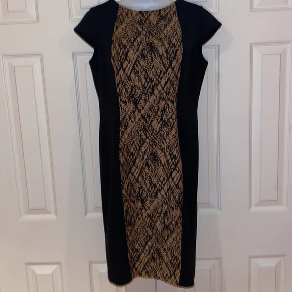 Jones New York Black tan Middle print stretch Jersey knit Midi dress  Sz 10 - Picture 1 of 12
